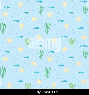 Underwater seamless pattern. Seamless pattern with underwater elements.Seamless vector pattern with sea fishes, starfihes and seaweeds. Underwater bac Stock Vector