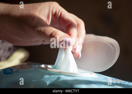 Hand picked a wet wipes in package box, Wet wipes in a woman's hand Stock Photo