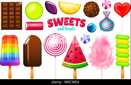 Realistic Sweet candies set. Swirl caramel, assorted circle lollipops, dragee and chocolates, fruit jelly, Sugar clouds, cotton and watermelon. 3d vector illustration. holiday colors in modern style. Stock Vector
