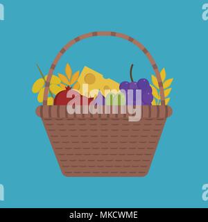 Wicker basket with fruits and dairy products icon in flat long shadow design. Harvest Shavuot holiday concept. Stock Vector
