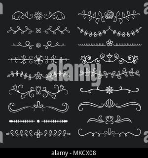 Collection of  hand drawn flourish text dividers with chalk effect. Doodle chalk botanical borders for typography design, invitations, greeting cards. Stock Vector