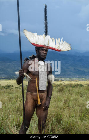 Wamena, Papua, Indonesia, 8/9/2016: Dani warrior at the Baliem Valley Festival Stock Photo