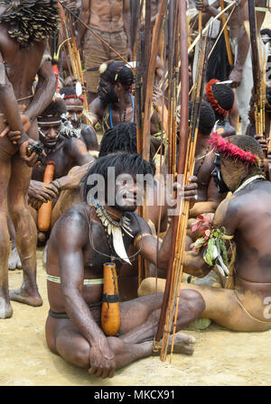 Wamena, Papua, Indonesia, 8/9/2016: Dani warriors at the Baliem Valley Festival Stock Photo