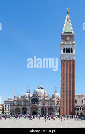 Tourists sightseeing in Piazza San Marco (St Marks Square), Venice, Veneto, Italy in front of St Marks Cathedral (Basilca San Marco) and the Campanile Stock Photo