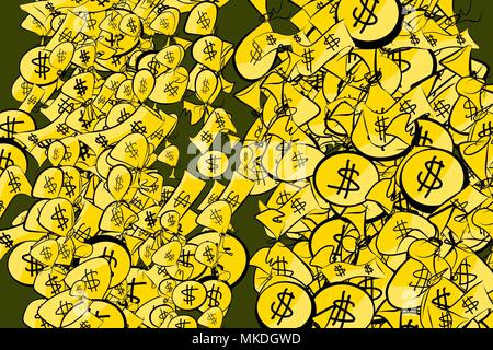 The money begs, bank notes & coin illustrations background abstract, hand drawn. Cartoon style vector graphic. Stock Vector