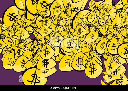 Abstract money begs, bank notes & coin illustrations background. Cartoon style vector graphic. Stock Vector