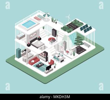 Contemporary energy efficient isometric eco house cross section, room interiors, solar panels and zen garden Stock Vector