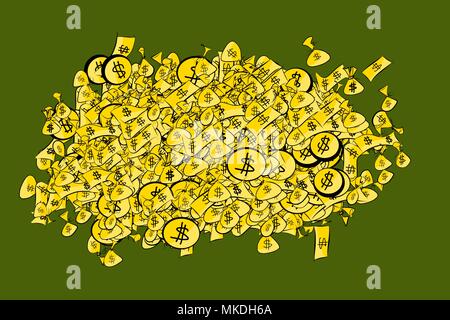 Abstract money begs, bank notes & coin illustrations background. Cartoon style vector graphic. Stock Vector