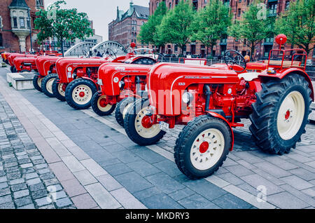Porsche Diesel Tractors lined up in a display in the HafenCity port area of Hamburg Stock Photo