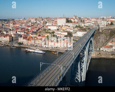 Dom Luis Bridge crossing over Douro River to Oporto Stock Photo