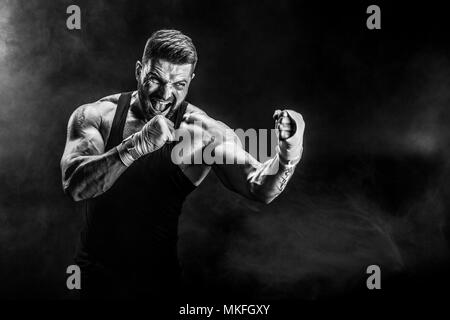 Sportsman Muay Thai Boxer Celebrating Flawless Victory in Boxing Cage.  Isolated on Black Background with Smoke. Copy Stock Image - Image of  people, handsome: 91121441