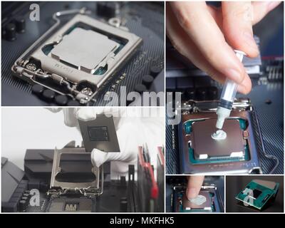 Installing CPU into motherboard and applying thermal paste. Computer repair. Collage Stock Photo