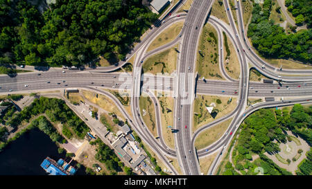 Aerial view of a turbine road interchange in Kiev. Cityscape in summer Stock Photo