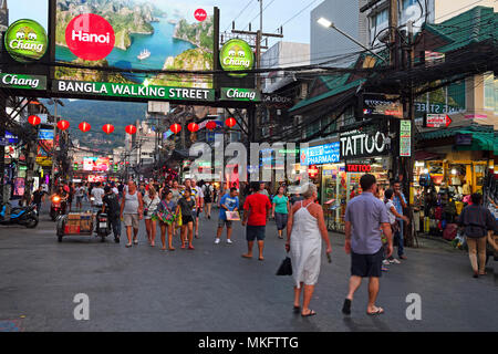Tourists between bars, shops and restaurants on Bangla Road, party district and red light district, Patong Beach, Phuket Stock Photo