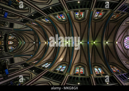 Beautiful roof ceiling with Colorful Stained glass window of St Marys Cathedral in Yangon Myanmar Asia Stock Photo