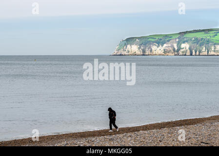 A solitary man walks head down along the shore at Seaton Bay, Devon, England, with Beer Head in the background. Stock Photo