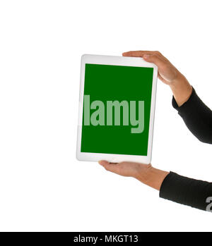 Business man show tablet with green screen on hand, isolated on white background Stock Photo