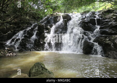 Interesting waterfall in Chamarel plain. Rochester Falls, a waterfall in a forest near Souillac, south of Mauritius island. Stock Photo