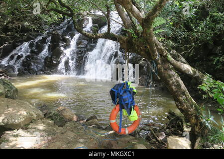 Interesting waterfall in Chamarel plain. Rochester Falls, a waterfall in a forest near Souillac, south of Mauritius island. Stock Photo