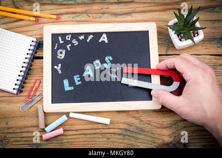 View of magnet attracting Leads, successful business. Blackboard and chalk on wooden table Stock Photo