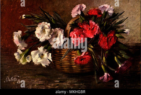 White and Red Carnations in a Basket Stock Photo
