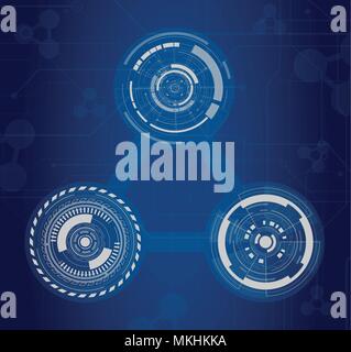 three hud interface connection with circuit line on blue background vector illustration Stock Vector