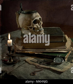Veritas style still life with skull, candle, old books and pocket watches Stock Photo