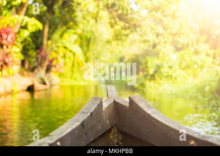 A canoe is sailing on the blurred lush and green backwaters in Alleppey during the sunset, Kerala, India. Stock Photo