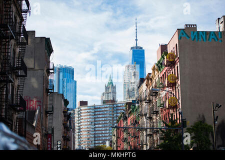 NEW YORK - USA- 28 OCTOBER 2018. Close-up view of New York City style apartment buildings with emergency stairs along Mott Street in Chinatown Stock Photo