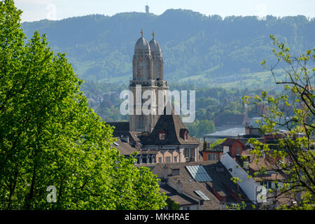 Twin towers of the Grossmünster Cathedral in Zurich, Switzerland, Europe Stock Photo