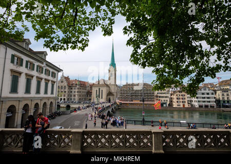 Wideangle view of the Münsterbrücke bridge over the Limmat river and the Fraumünster Church in Zurich, Switzerland, Europe Stock Photo