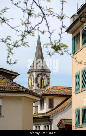 Clock tower of the St. Peter evangelical church in Zurich, Switzerland, Europe Stock Photo