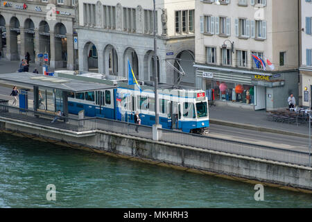 High angle view of a tram on the streets of Zurich next to river Limmat, Switzerland, Europe Stock Photo