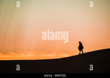 Man walk on a desert sand dunes at sunset in Rajasthan, India. Stock Photo