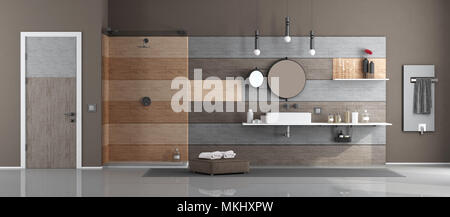 Modern bathroom with washbasin and shower against wooden paneling - 3d rendering Stock Photo