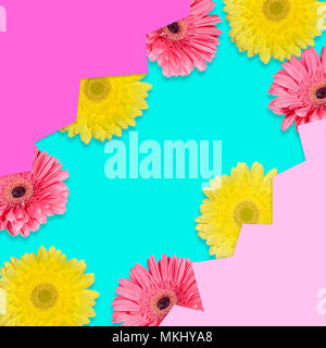 Abstract geometric floral background with pink and yellow gerbera flowers - template, mock up of greeting card in minimalistic style with copy space f Stock Photo