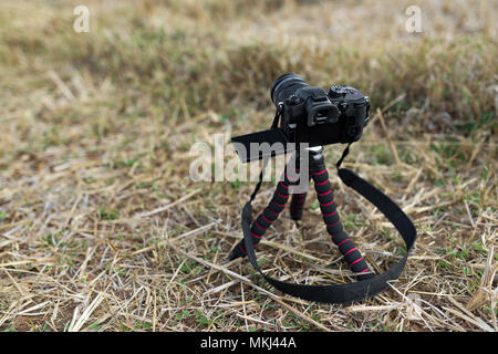 Dslr camera standing on tripod at the rice filed.   Cambodia, Asia. Stock Photo