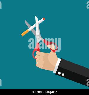 Hands holding scissors cut a cigarettes. Flat style vector Illustration Stock Vector