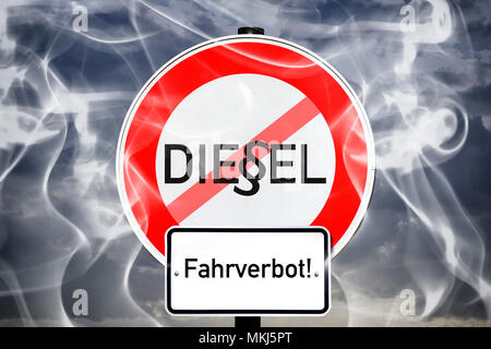 Sign with strikethrough Diesel logo and paragraph sign, diesel driving ban, Schild mit durchgestrichenem Diesel-Schriftzug und Paragraphenzeichen, Die Stock Photo