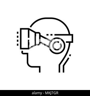 Virtual reality glasses on head - line design single isolated icon Stock Vector