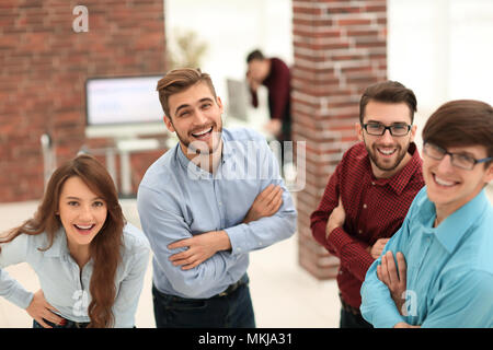 Smiling american team discussing business project during coffee  Stock Photo