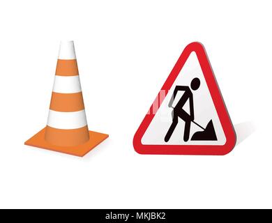 Sign road works and cone Stock Vector
