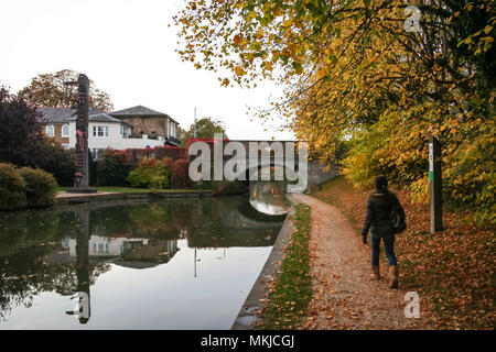 woman walking along the tow[ath of the grand union canal near berkhamsted castle in autumn in hertfordshire uk Stock Photo