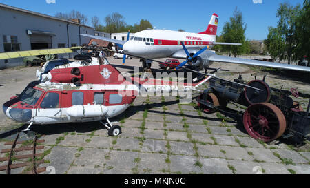 07 May 2018, Germany, Grimmen: An aircraft type Ilyushin Il-14 (C) is parked in the Technikpark since May. The two-engine classic aircraft is one of about 80 Ilyushin of this type that were built in the 1950s and 1960s in the Dresden Aircraft Works. The Technikpark was inaugurated in 2010. A classic tractor meet is planned to take place on 10 May 2018 in the Technikpark (Aerial shot taken with a drone). Photo: Stefan Sauer/dpa-Zentralbild/dpa Stock Photo