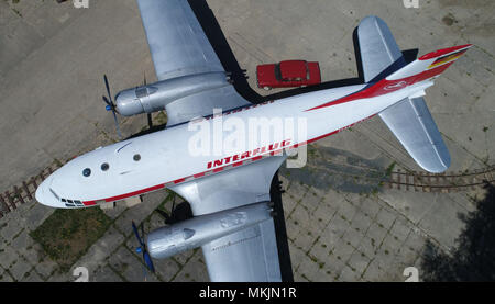 07 May 2018, Germany, Grimmen: An aircraft type Ilyushin Il-14 is parked in the Technikpark since May. The two-engine classic aircraft is one of about 80 Ilyushin of this type that were built in the 1950s and 1960s in the Dresden Aircraft Works. The Technikpark was inaugurated in 2010. A classic tractor meet is planned to take place on 10 May 2018 in the Technikpark (Aerial shot taken with a drone). Photo: Stefan Sauer/dpa-Zentralbild/dpa Stock Photo