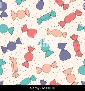 Hand drawn vector candies seamless pattern on the dotted background. Holiday decoration in bright colors. Stock Vector