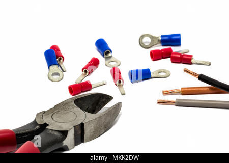 A standard tool for crimping electrical terminals and connectors (solderless connections) to electrical wire. Crimpers are a type of plier. Shown with Stock Photo