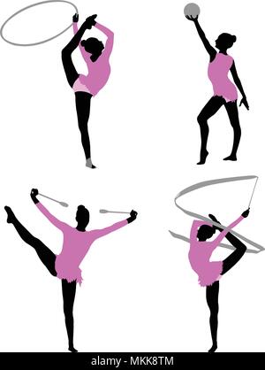 Set niña gimnasia rítmica silueta vector ilustración. Gimnasia de