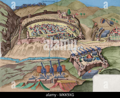 Italian Wars (1494-1559). Conflicts that involved the major states of Western Europe and most of the Italian city-states, as well as the Ottoman Empire. Italian engraving, 16 th century. Siege of a citadel by artillery. Later colouration. Stock Photo