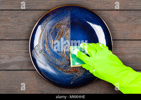 Blue plate on brown wooden table Stock Photo